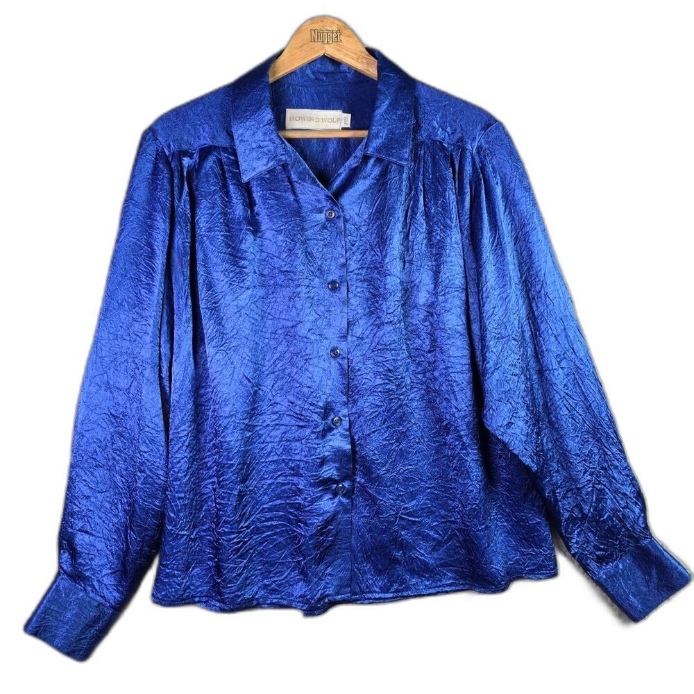 Howard Wolf Blouse Royal Blue 14 Vintage 80s Crinkle Oversized Button Front USA